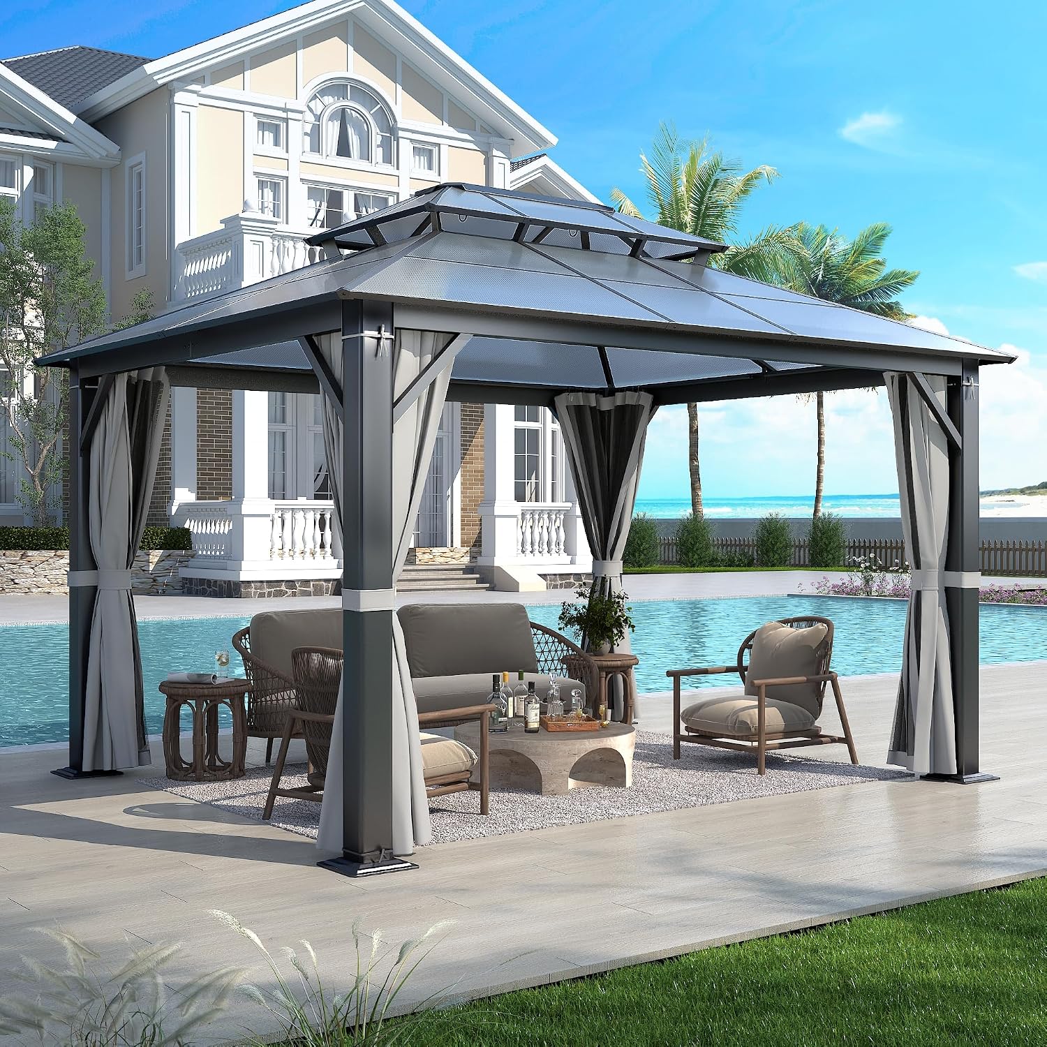 10'x12' Hardtop Gazebo, Outdoor Polycarbonate Gazebo with Netting & Shaded Curtains, Aluminum Frame Heavy Duty Gazebo for Patio, Backyard, Deck and Lawn
