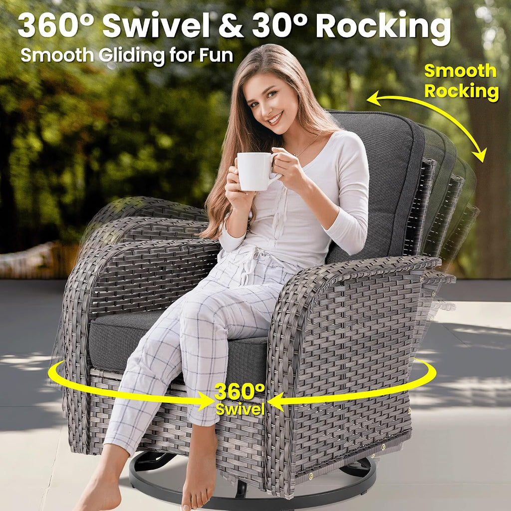 ovios 9 Pieces Patio Furniture Set, Outdoor Wicker Sofa Couch with Rocking Swivel Chairs Fire Pit Table, Modern Deep Seat Rattan Conversation Sets for Deck Porch, Black