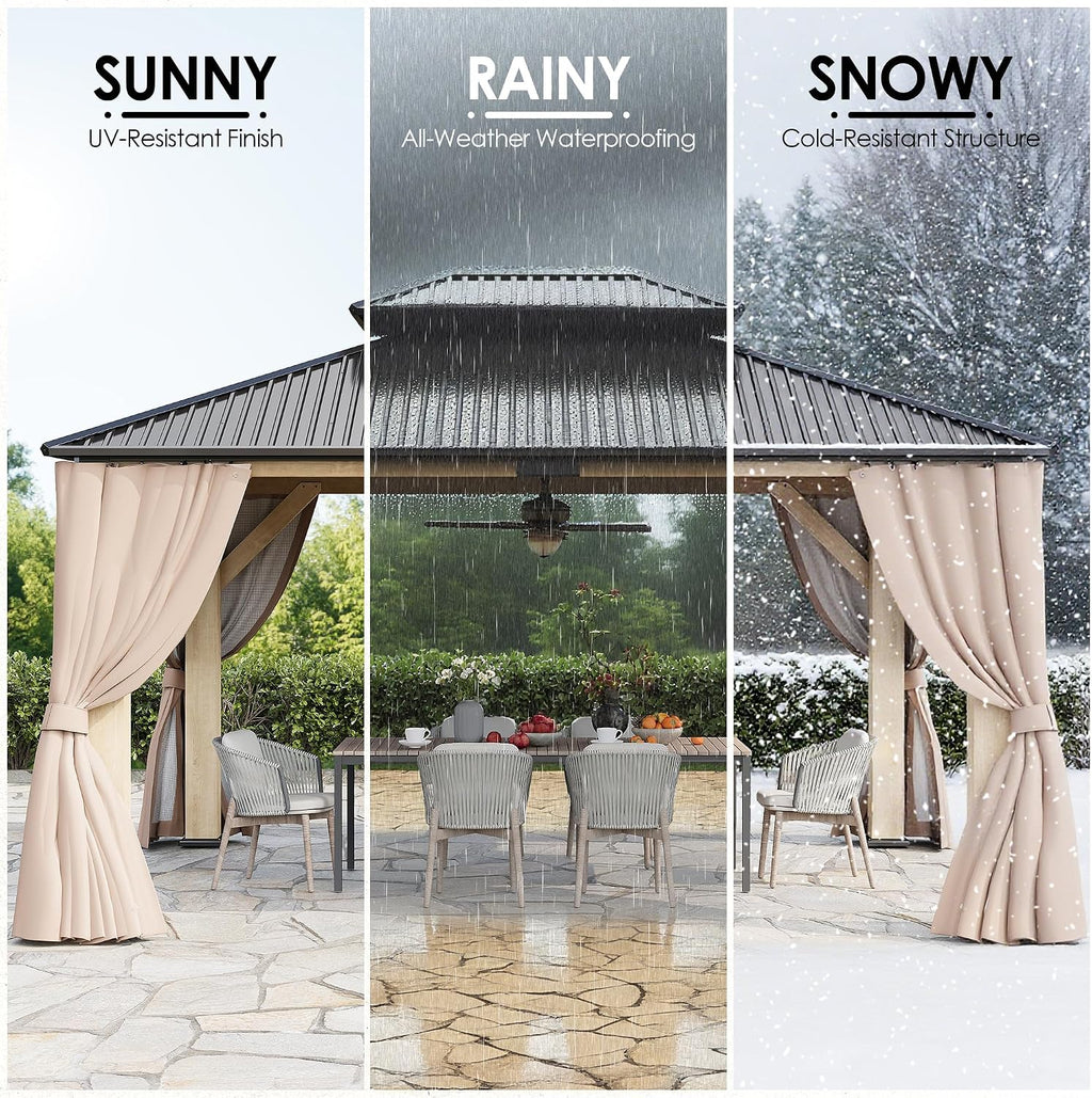 13'x15' Outdoor Wood Gazebo, Wooden Pavilion with Double Galvanized Steel Roof, Hardtop Gazebo with Natural Wood Frame, Curtains & Netting for Patio, Garden, Lawn, Deck, Backyard