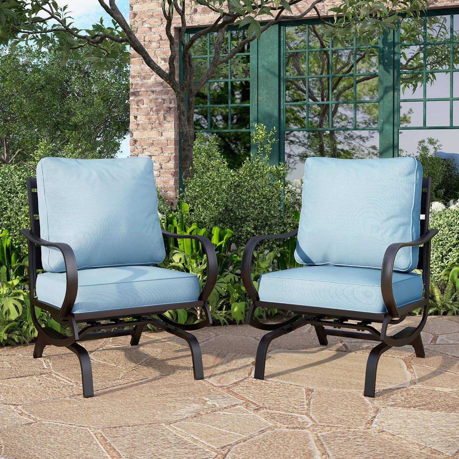 PHI VILLA Patio Conversation Set for 2, Deluxe Outdoor Patio Set with 2 C-Base Padded Sofa Chair(Blue)
