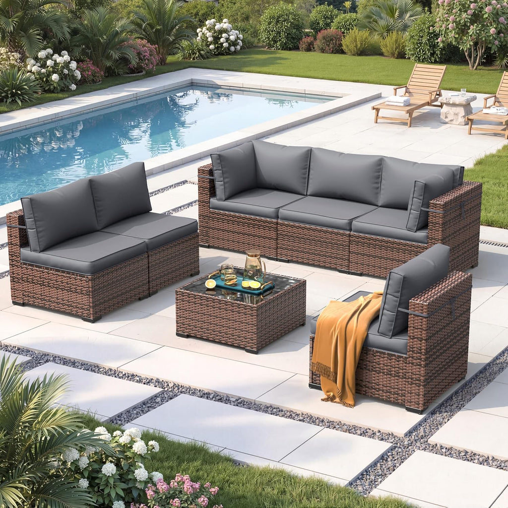 Patio Furniture Sets with Waterproof Cover, 7 Pieces Outdoor Rattan Sectional Sofa Set with Glass Table and Cushions,Wicker Patio Conversation Set for Outdoor Indoor Backyard Lawn Garden Porch (Grey)