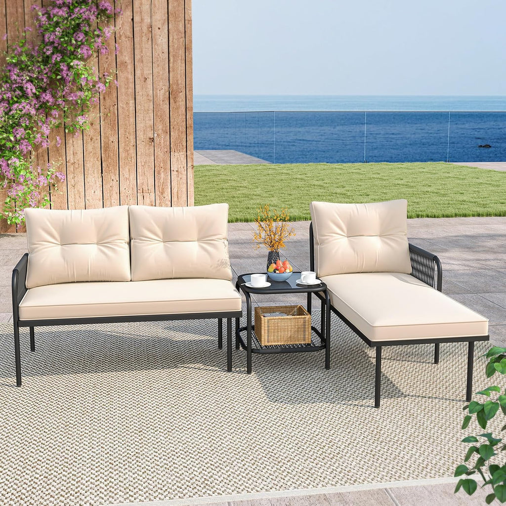 Tangkula 3-Piece L Shaped Patio Furniture Set, PE Rattan Sectional Sofas with Tempered Glass Table, Back and Seat Cushions, Outdoor Conversation Set for Porch, Backyard and Poolside
