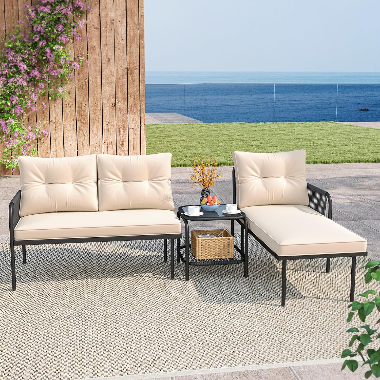 Tangkula 3-Piece L Shaped Patio Furniture Set, PE Rattan Sectional Sofas with Tempered Glass Table, Back and Seat Cushions, Outdoor Conversation Set for Porch, Backyard and Poolside
