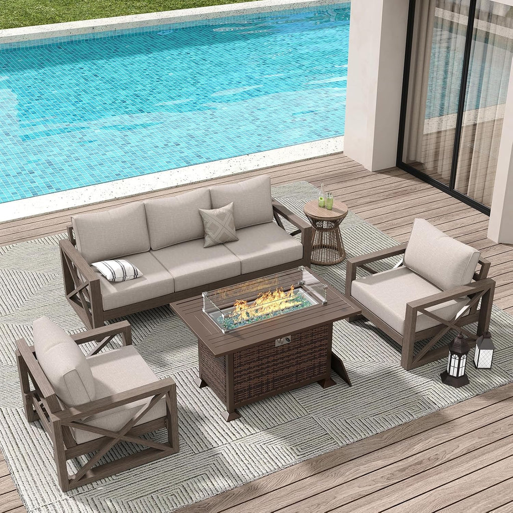 Amopatio Aluminum Patio Furniture Set with Fire Pit, 6 Pcs Metal Patio Sofa Sets with Metal Top Fire Pit Table, Modern Outdoor Furniture with 6' Cushion, Beige (Included Waterproof Covers)