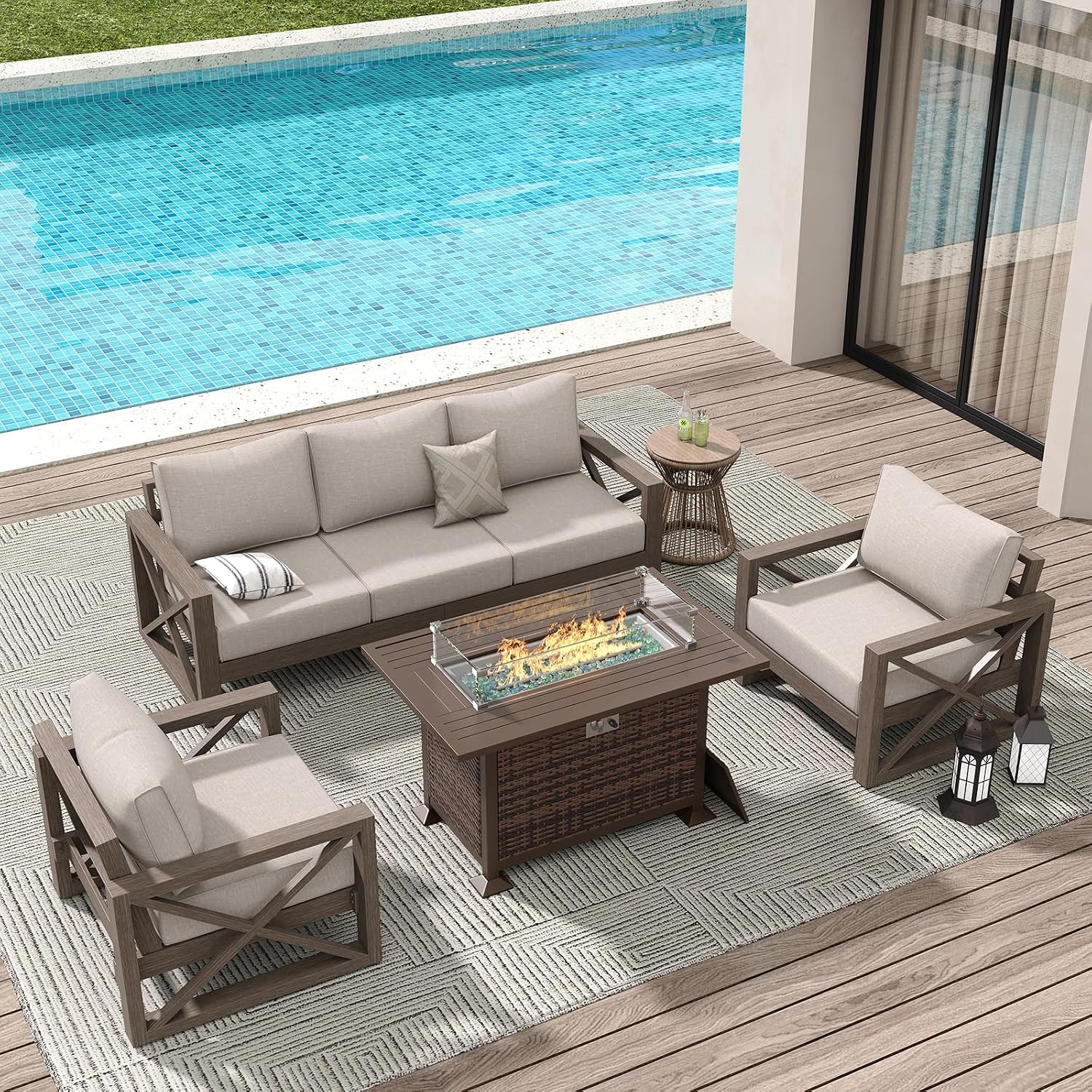 Amopatio Aluminum Patio Furniture Set with Fire Pit, 6 Pcs Metal Patio Sofa Sets with Metal Top Fire Pit Table, Modern Outdoor Furniture with 6' Cushion, Beige (Included Waterproof Covers)
