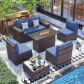 UDPATIO Furniture Set with Fire Pit Table, 8 Inch Wide Armrest 7 Piece Sectional Sofas, All-Weather Wicker Conversation for Garden, Backyard, Blue