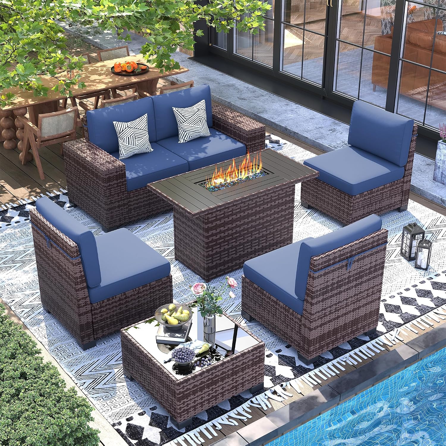 UDPATIO Furniture Set with Fire Pit Table, 8 Inch Wide Armrest 7 Piece Sectional Sofas, All-Weather Wicker Conversation for Garden, Backyard, Blue