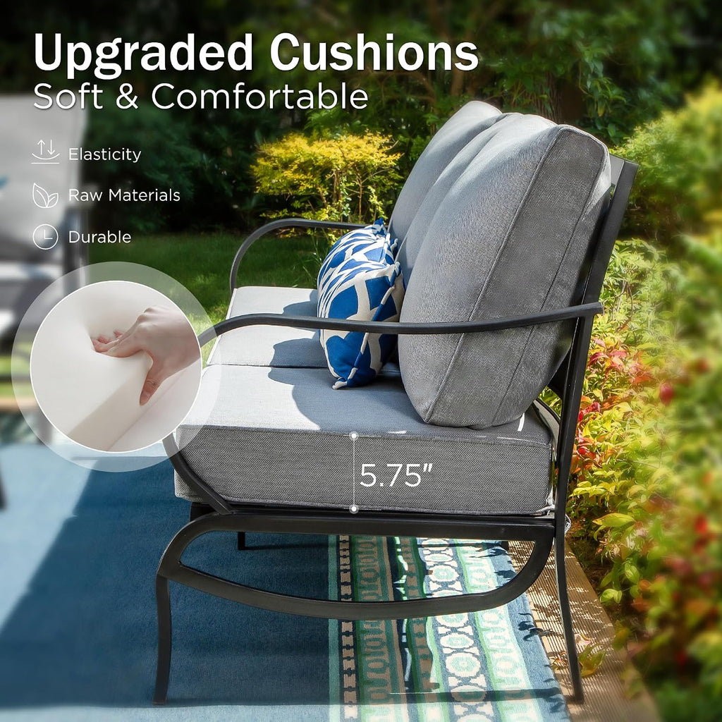 PHI VILLA 7 PCS Patio Furniture Set,Metal Outdoor Furniture with 1x 3 Seater Cushioned Deep Seating Bench Sofa, 2 Swivel Chair, 2 x Leg Chairs & 2 Ottoman for 7 Person, Grey
