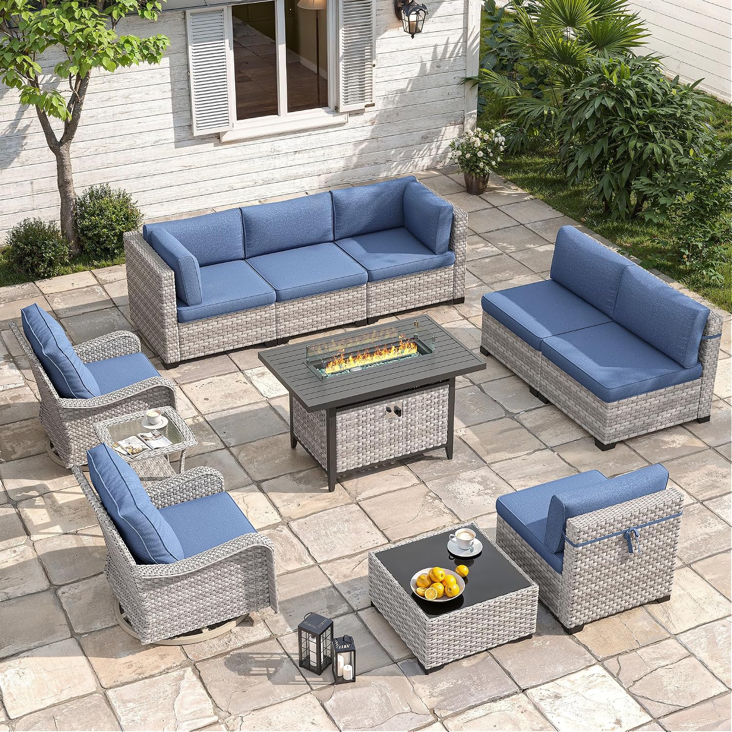 8-Seat Outdoor Wicker Patio Furniture Set with Fire Pit Table, Modular Rattan Sectional Sofa & 2 Swivel Rocking Chairs, 4' Thick Cushions, Rust-Resistant Frame,Navy