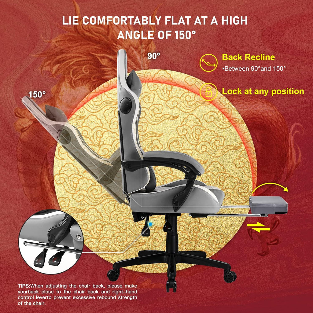 GTPLAYER Gaming Chair with Bluetooth Speakers and Footrest, Dragon Series Video Game Chairs, Heavy Duty Ergonomic Chairs, Esports Gaming Computer Office Chair (Gray)