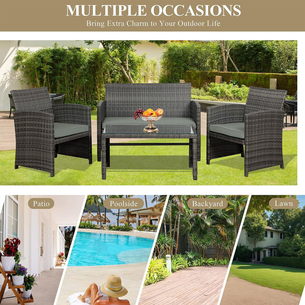 JAMFLY 4 Piece Outdoor Patio Furniture Set, Outdoor Wicker Rattan Chairs Conversation Sets with Cushions & Coffee Table for Outside, Garden, Balcony, Porch, Grey