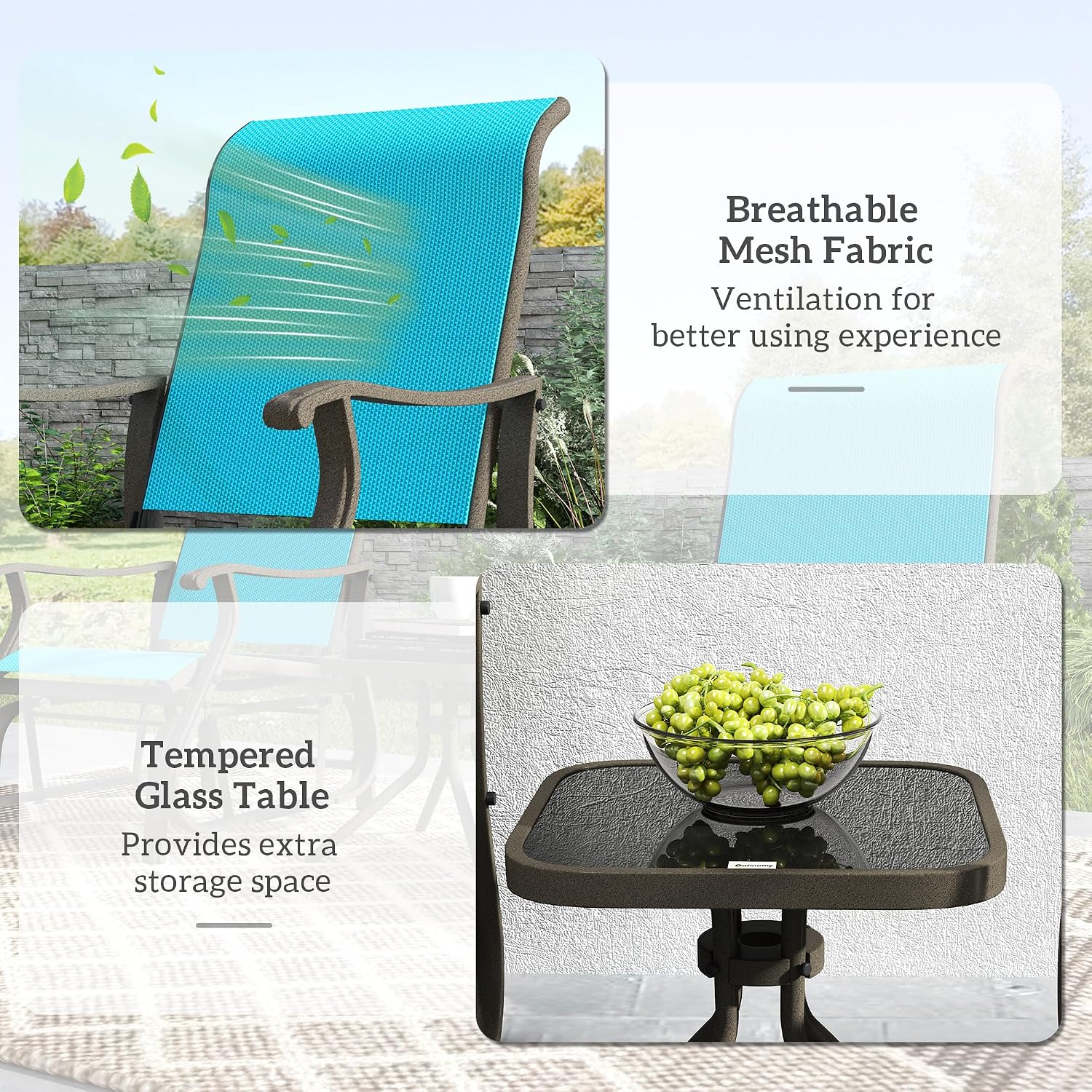 Outsunny 3-Piece Outdoor Gliders Set, Bistro Table and Chairs with Steel Frame, Tempered Glass Top Table for Patio, Garden, Backyard, Lawn, Bright Blue