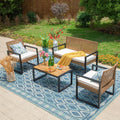 MFSTUDIO 4 Pieces Outdoor Patio Furniture Set, Outdoor Small Brown Rattan Sofa with Acacia Wood Table & Chairs, Patio Loveseat Furniture Set for 4, Beige