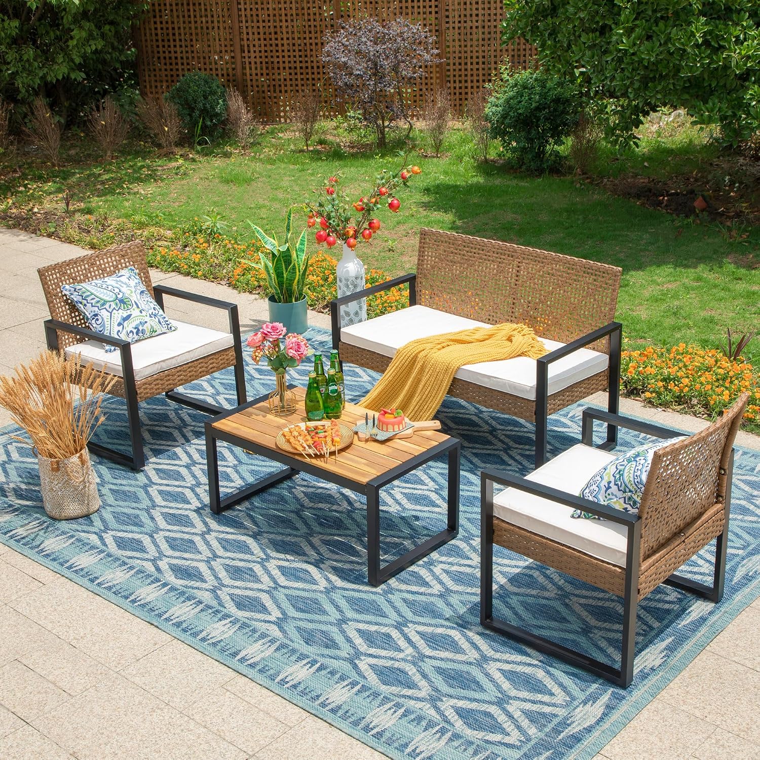 MFSTUDIO 4 Pieces Outdoor Patio Furniture Set, Outdoor Small Brown Rattan Sofa with Acacia Wood Table & Chairs, Patio Loveseat Furniture Set for 4, Beige