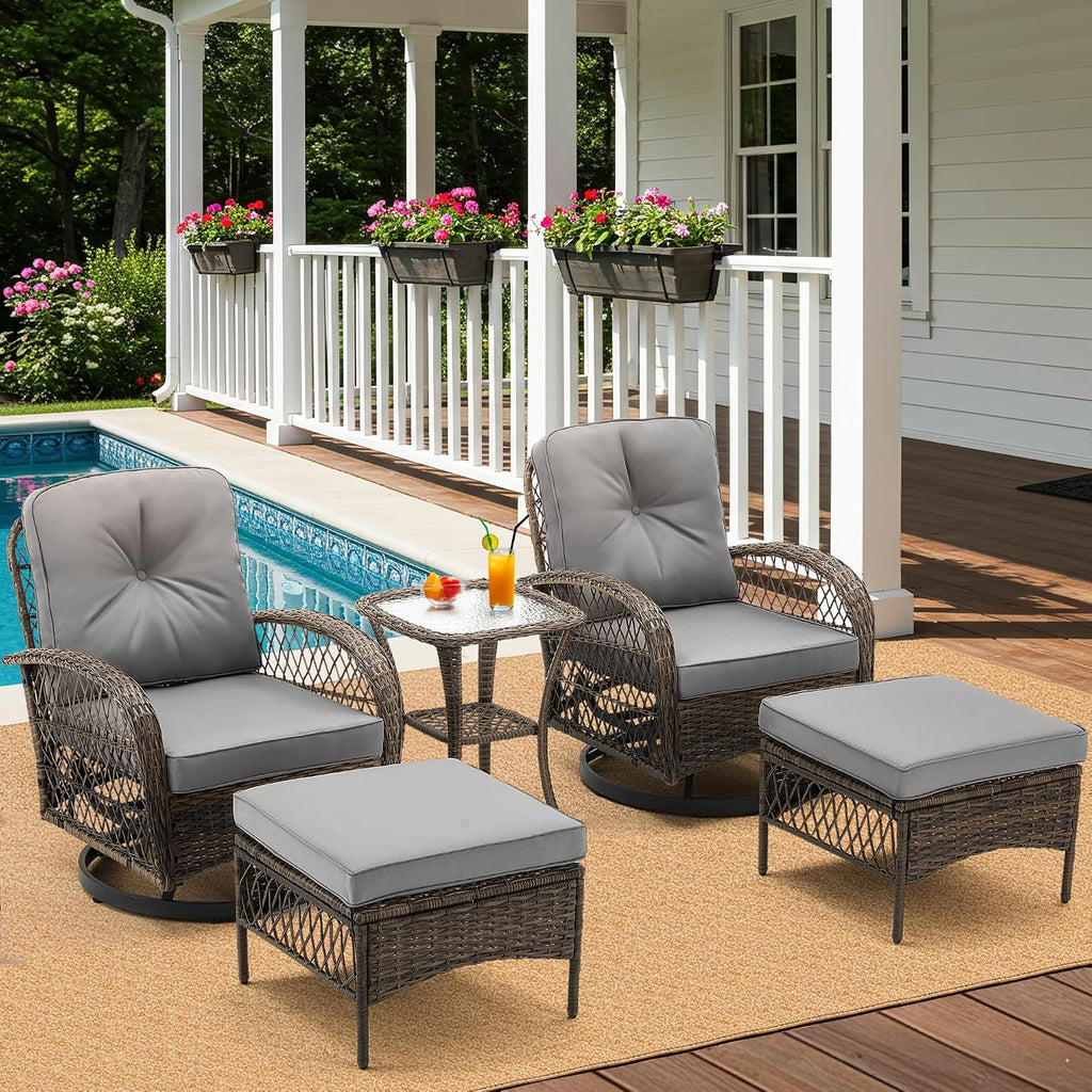 MELLCOM 5 Pieces Patio Furniture Set, Outdoor Swivel Rocker Patio Chairs with Ottomans, Wicker Conversation Set with Rocking Chair, Thickened Cushions, Glass Coffee Table for Backyard, Grey