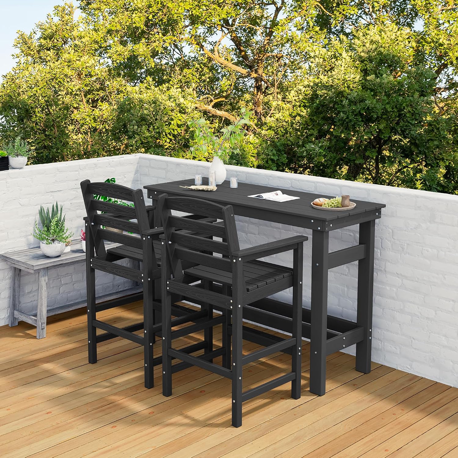 SERWALL Outdoor Bar Set - 2 Adirondack Bar Chairs & Bar Height Table with 1.6' Umbrella Hole, All-Weather HDPE Patio Furniture for Poolside, Backyard, Garden - Black