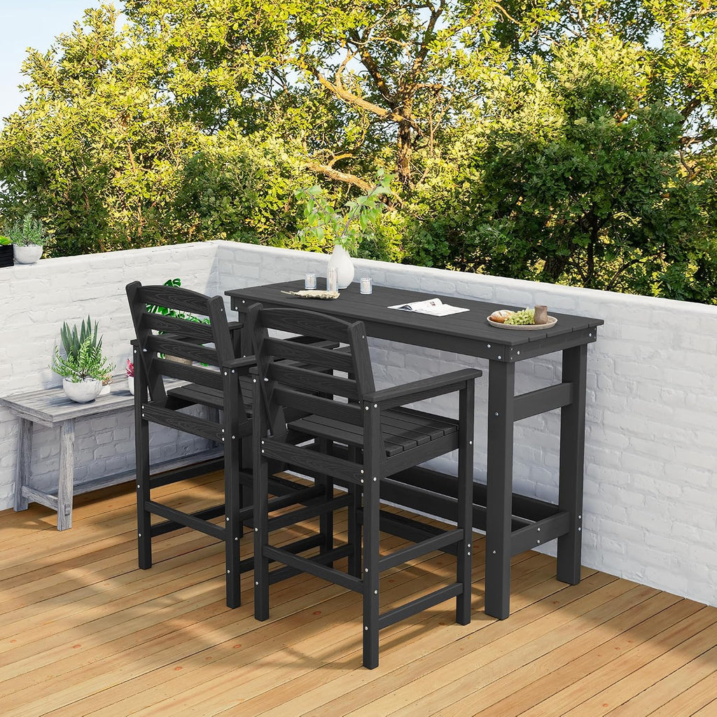 SERWALL Outdoor Bar Set - 4 Adirondack Bar Chairs & Bar Height Table with 1.6' Umbrella Hole, All-Weather HDPE Patio Furniture for Poolside, Backyard, Garden - Black