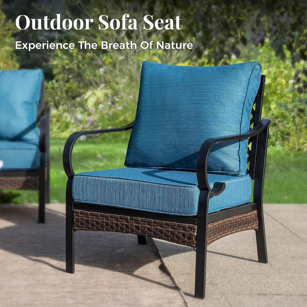 MIXPATIO Patio Furniture Set with Firepit Table, Black Frame Outdoor Conversation Set with 2 x Fixed Chairs, 1 x 3-Seat Sofa for Lawn Garden Backyard, Pacific Blue