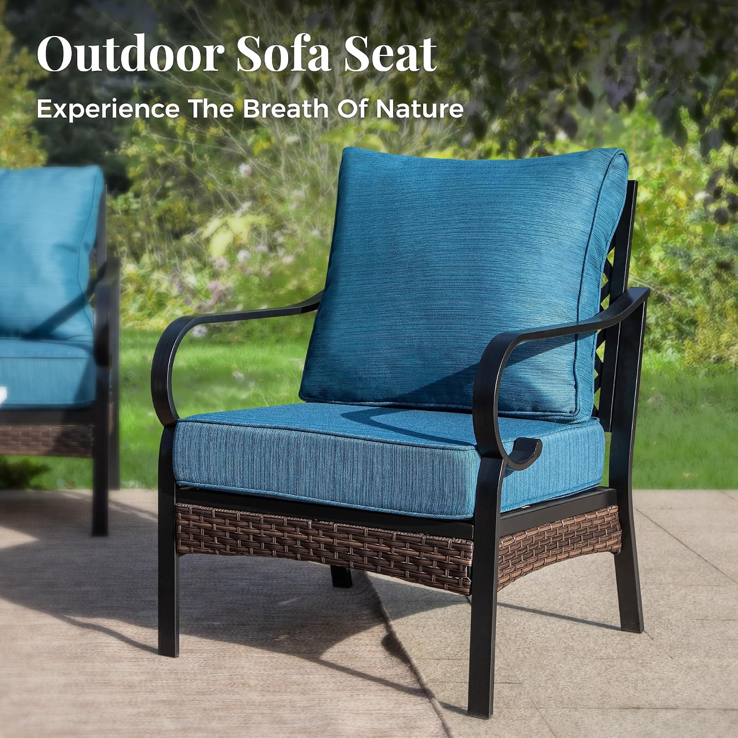 MIXPATIO Patio Furniture Set with Firepit Table, Black Frame Outdoor Conversation Set with 2 x Fixed Chairs, 1 x 3-Seat Sofa for Lawn Garden Backyard, Pacific Blue