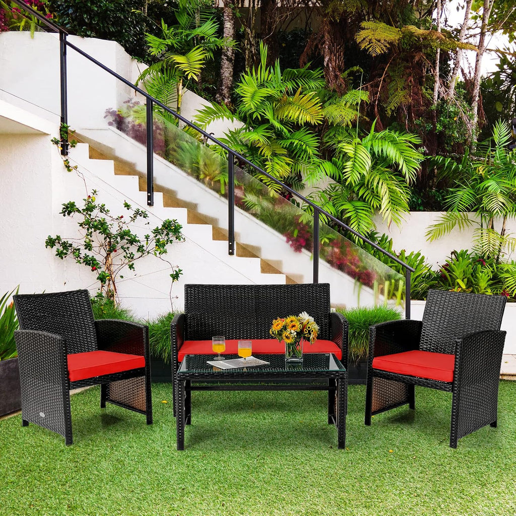 COSTWAY 4 Piece Patio Furniture Set, Outdoor PE Rattan Wicker Sectional Sofa with Cushion and Coffee Table, Patio Conversation Sets for Balcony Lawn Porch Patio Backyard Garden Poolside, Red