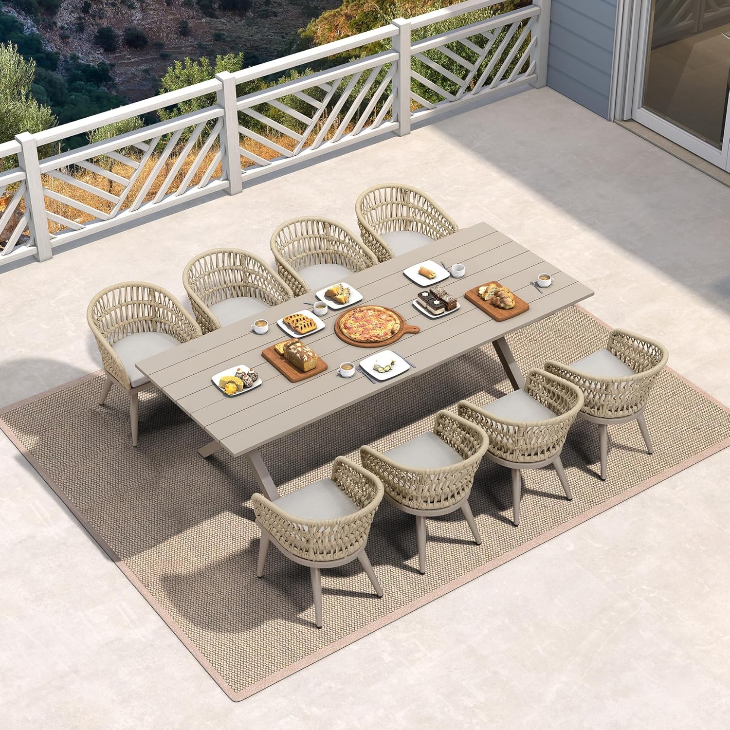 PURPLE LEAF Outdoor Dining Set All-Weather PE Rattan Outdoor Patio Dining Furniture Set with All Aluminum Frame Rectangular Table and 8 Chairs Set for Lawn Garden Backyard Deck, Champagne