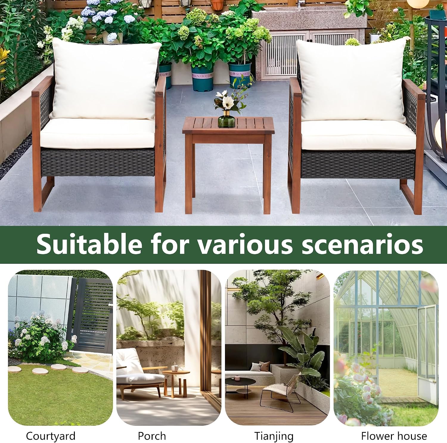 PayLessHere 3-Piece Outdoor Patio Furniture Set Modern Rattan Bistro Conversation Set with Acacia Wood Frame, Coffee Table, and Water-Resistant Cushions for Balcony, Garden, or Backyard (Khaki)