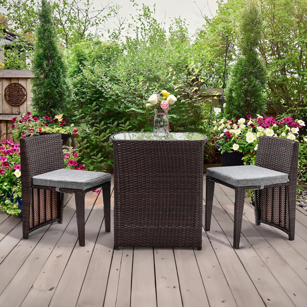 Bonnlo 3 PCS Wicker Outdoor Patio Bistro Set, Patio Furniture Set for Small Space with Glass Top Table Dining Chairs, Balcony Furniture Patio Table and Chairs Set of 2 for Garden Yard Porch (Brown)