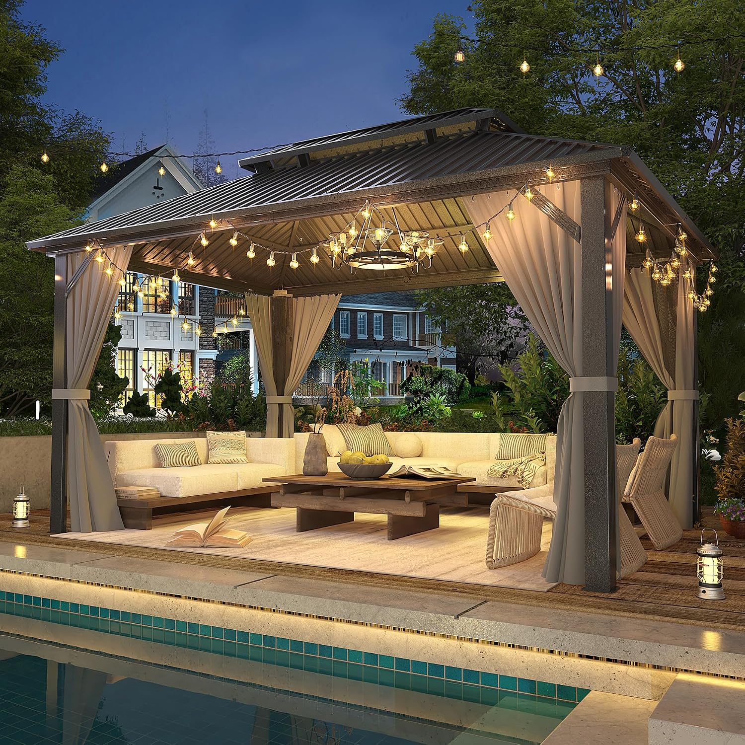 Polar Aurora 10x12 FT Hardtop Gazebo with Aluminum Frame, Galvanized Steel Double Roof Gazebo with Nettings and Curtains, Permanent Outdoor Metal Pavilion for Patio, Deck, Lawn and Garden, Gray