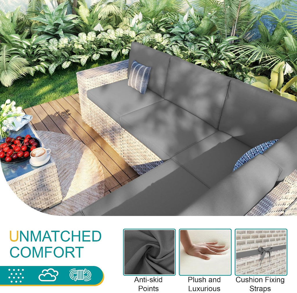 6-Piece Patio Furniture Set, Outdoor Extra Wide Armrest Modular Patio Sofa, Dual-Strand Rattan Wicker, Rust-Resistant Frame, Backyard High Back, Large Seat Furniture for Porch Garden Balcony, Grey