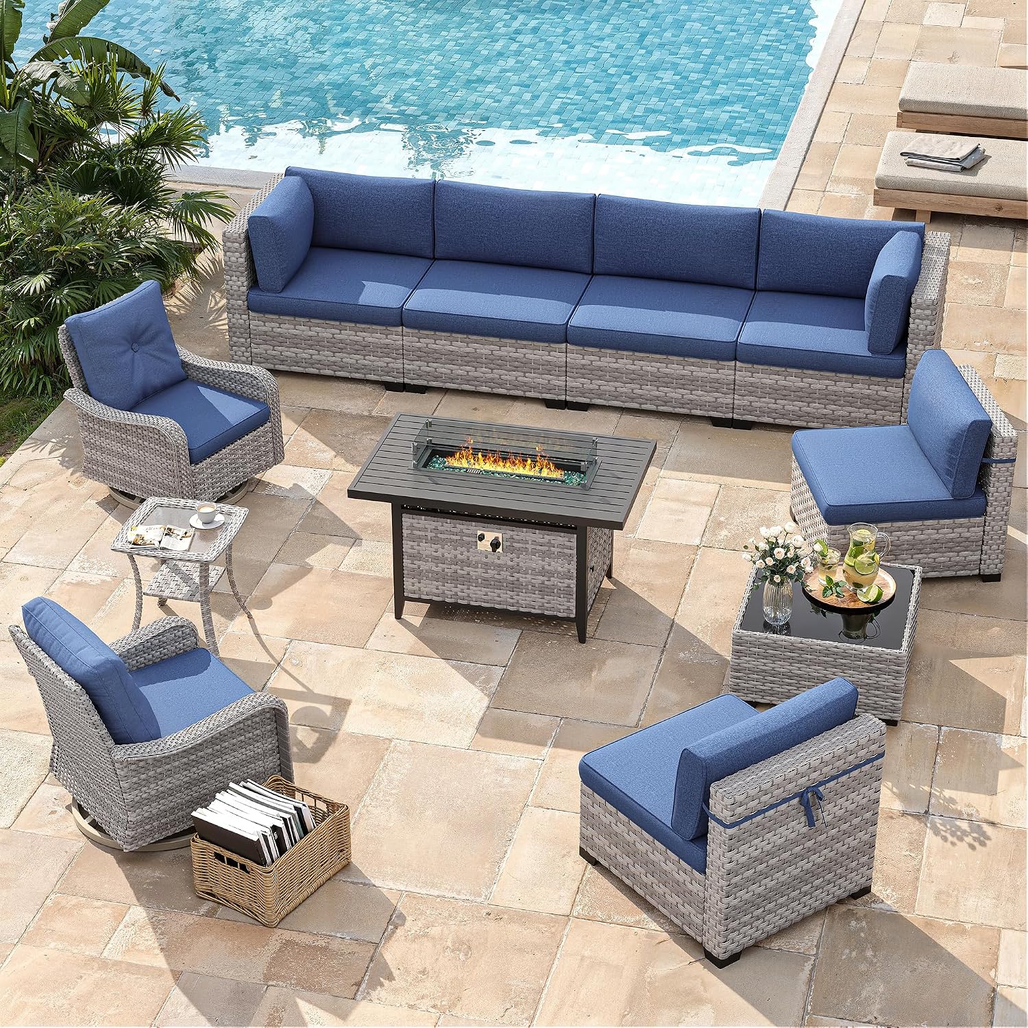 8-Seat Outdoor Wicker Patio Furniture Set with Fire Pit Table, Modular Rattan Sectional Sofa & 2 Swivel Rocking Chairs, 4' Thick Cushions, Rust-Resistant Frame,Navy