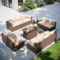 Aoxun Patio Furniture Set with Fire Pit Table, 12 Piece Outdoor Sectional Sofas, 10 Seats Wicker Outdoor Furniture with Thickened Cushion for Backyard, Garden (Brown Rattan Begin Cushions)
