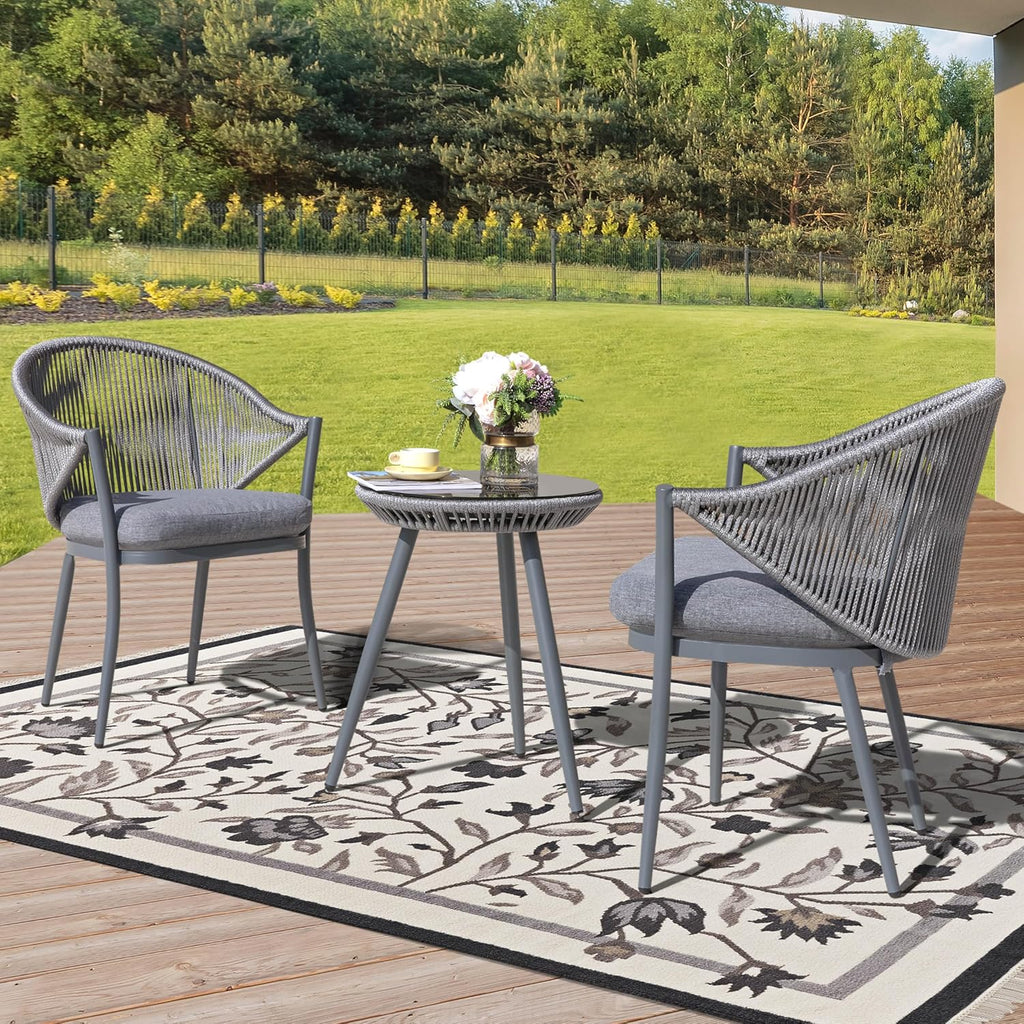 NUU GARDEN 3 Piece Outdoor Bistro Set, Woven Rope Conversation Patio Set, All Weather Aluminum Patio Furniture Chairs and Table with Cushions for Garden, Deck, Backyard, Gray