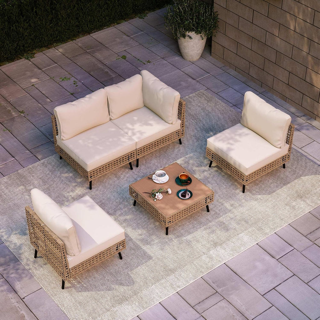 LAUSAINT HOME 5 Pieces Outdoor Sectional Sofa Set, All-Weather PE Wicker Rattan Patio Conversation Set with Thick Cushions & Coffee Table, Patio Furniture Set for Garden, Backyard, Porch (Beige)