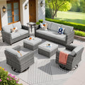 ovios 7-Pieces Patio Furniture Set, Outdoor Wicker Sofa Couch with Swivel Glider Chairs Loveseat Comfy Cushions Modern Conversation Set for Backyard Porch, Grey
