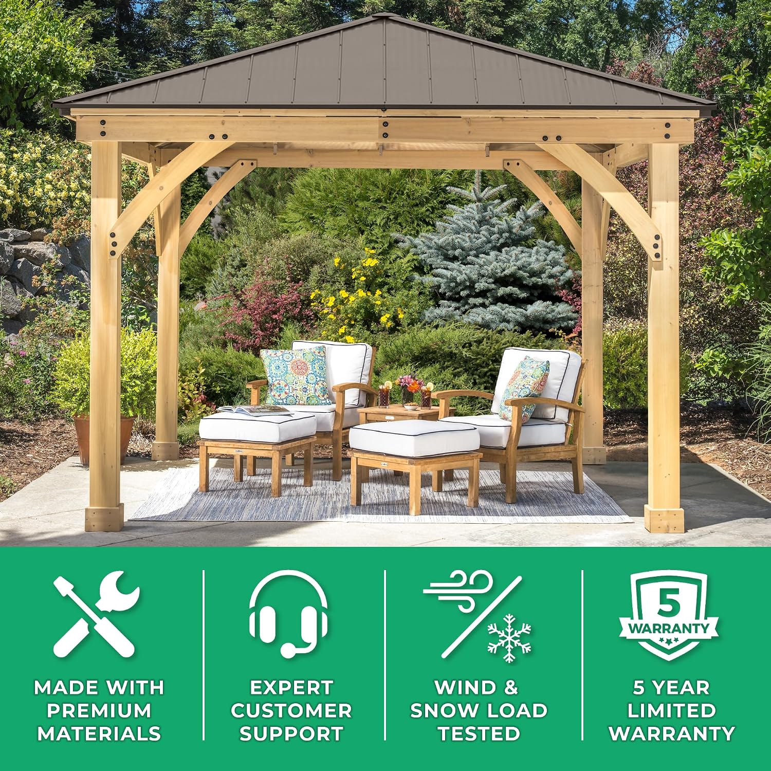 Yardistry 10 x 10 Meridian Cedar Gazebo Pavilion for Patios, Decks, Garden, Backyard, Durable, Aluminum Roof