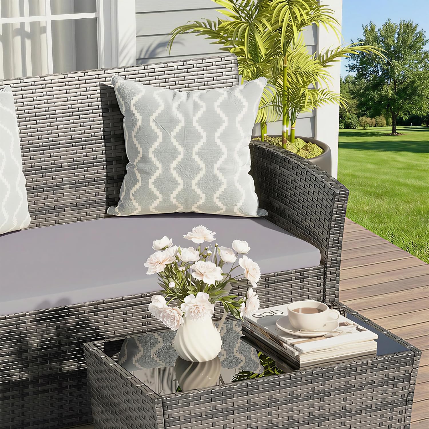 FHFO 4 Piece Outdoor Patio Furniture Sets, Wicker Sectional Conversation Sofa Set, Rattan Table and Chairs and Loveseat with Cushions for Outside Balcony Porch Backyard (Gray-Gray)