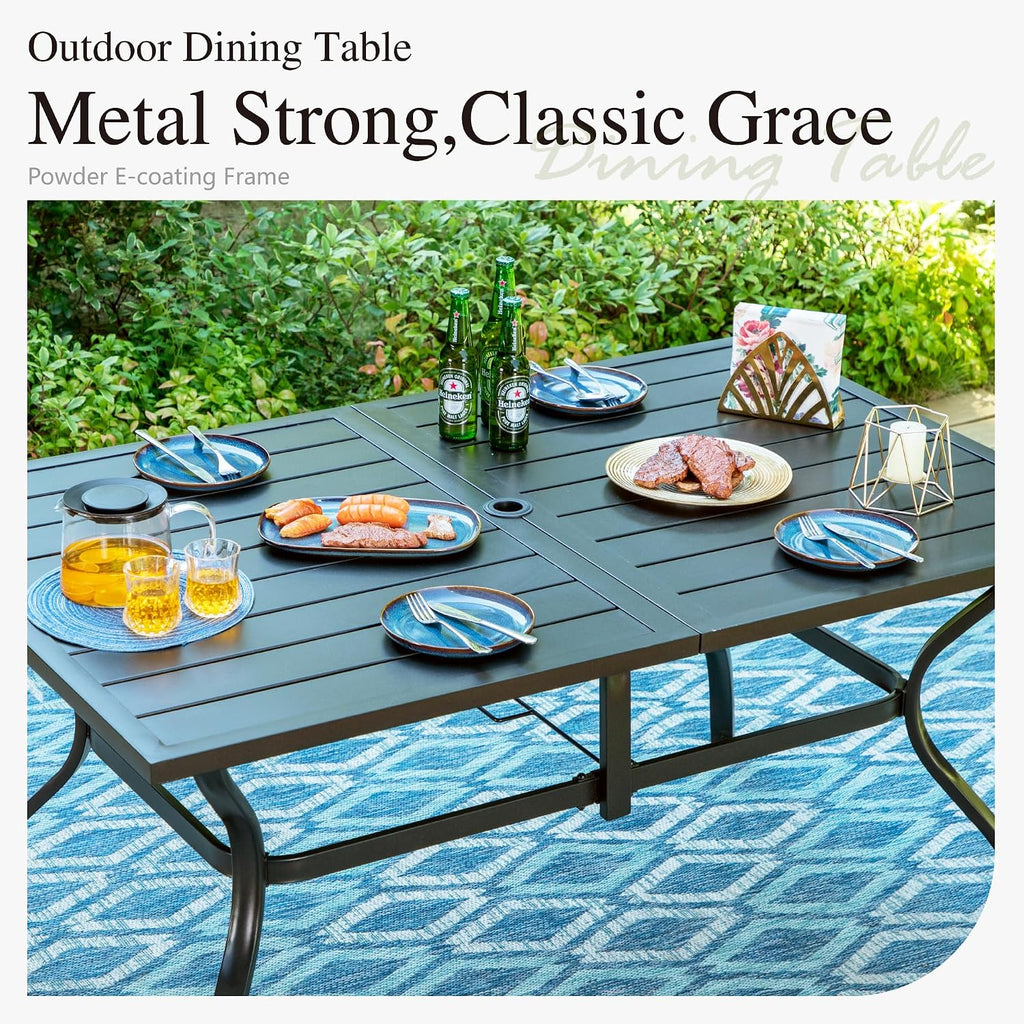 PHI VILLA 7 Piece Metal Outdoor Patio Dining Bistro Sets with Umbrella Hole, 60.2' x 37.8' Rectangle Patio Table and 6 Backyard Garden Outdoor Chairs, Black
