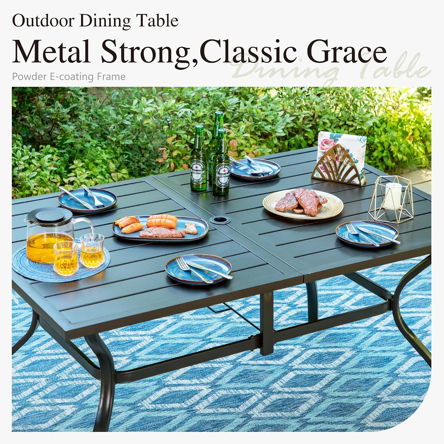 PHI VILLA 7 Piece Metal Outdoor Patio Dining Bistro Sets with Umbrella Hole, 60.2' x 37.8' Rectangle Patio Table and 6 Backyard Garden Outdoor Chairs, Black