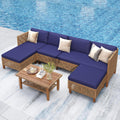 PHI VILLA Wicker Patio Furniture Set, Outdoor Sectional Couch with Cushions and Acacia Wood Coffee Table, U-Shaped Patio Conversation Set for Deck or Porch, 6 Seats, Navy Blue