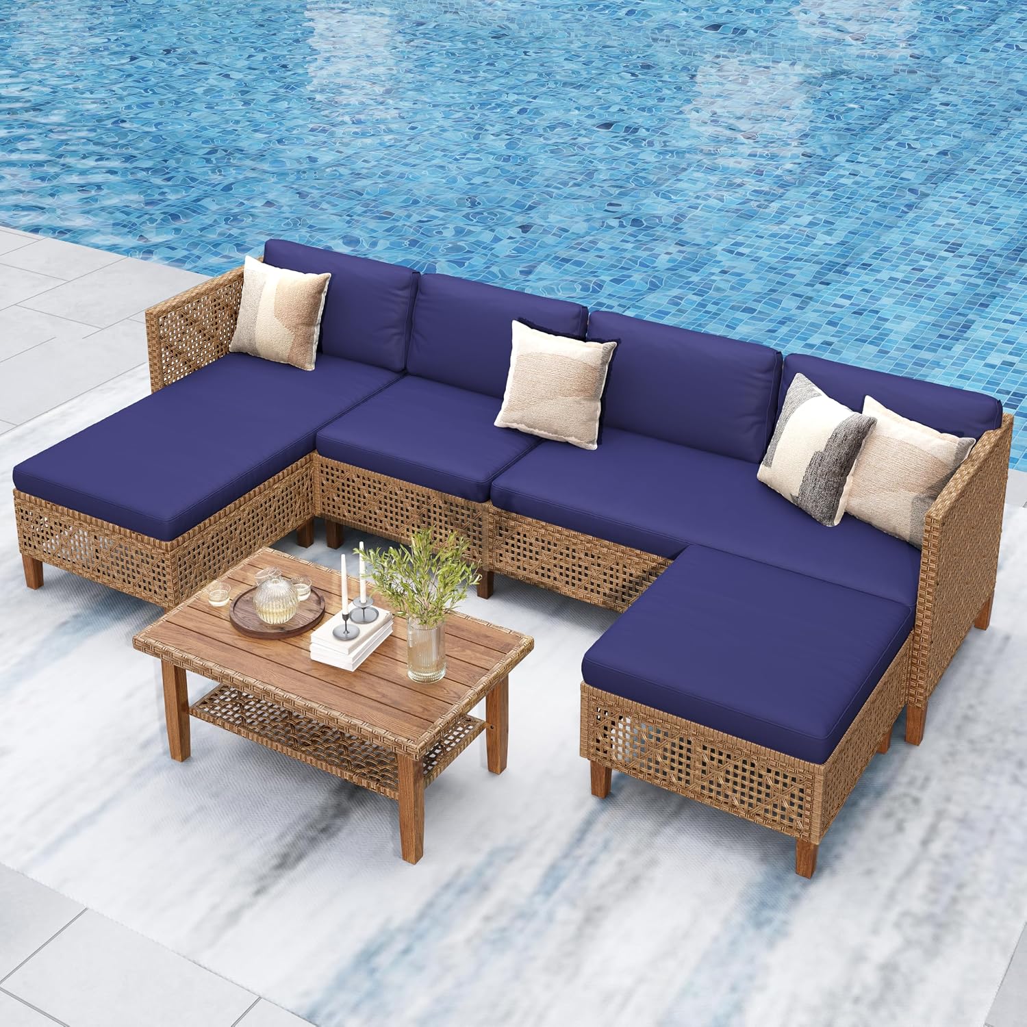 PHI VILLA Wicker Patio Furniture Set, Outdoor Sectional Couch with Cushions and Acacia Wood Coffee Table, U-Shaped Patio Conversation Set for Deck or Porch, 6 Seats, Navy Blue