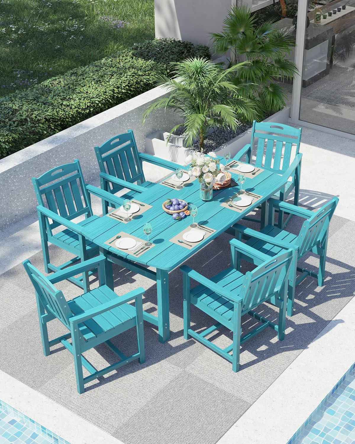 Ciokea HDPE Outdoor Dining Set, 7-Piece Patio Table and Chairs Set with Umbrella Hole, All-Weather Patio Dining Sets for 6, Durable Patio Furniture for Backyard, Garden, Lawn & Poolside, Lake Blue