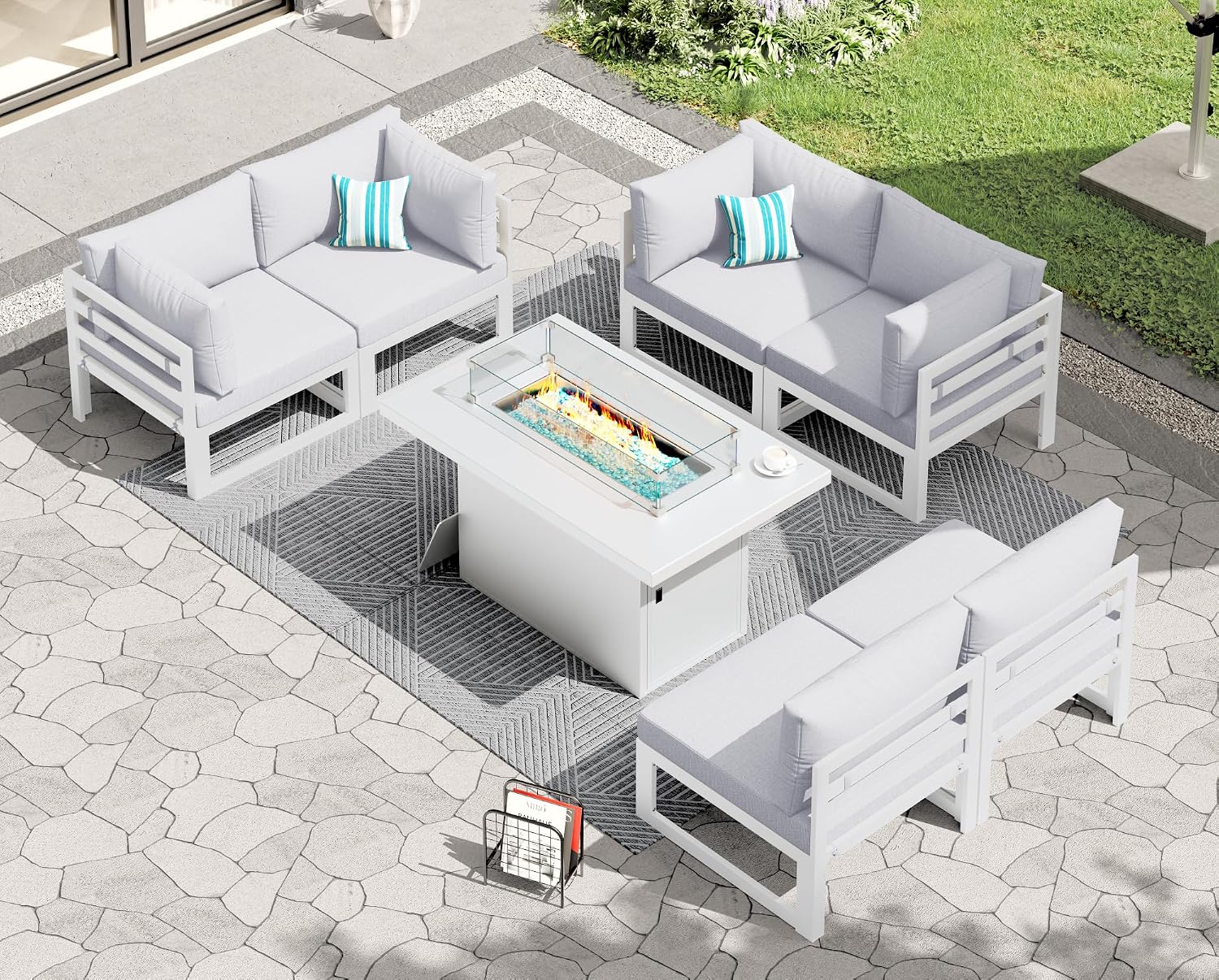 RADIATA 7 Piece Luxury Aluminum Outdoor Sectional Sofa with Fire Pit Table, Oversized L Shaped Patio Furniture Set, 29 inch Deep Wide Seating, 500 lbs Heavy Duty Comfy Conversation Set for Yard, White