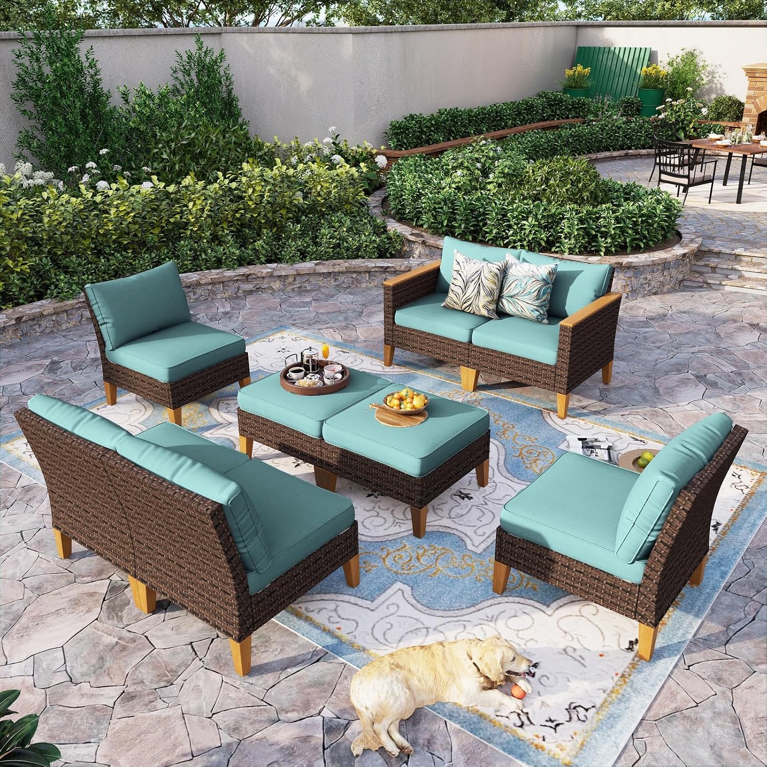 Sophia & William Oversized Patio Furniture Set, 8 Piece Outdoor Wicker Conversation Set Rattan Sectional Sofa, 2 Corner Sofa, 4 Armless Sofa, 2 Ottoman for Backyard, Deck, Pool(Aqua Blue)