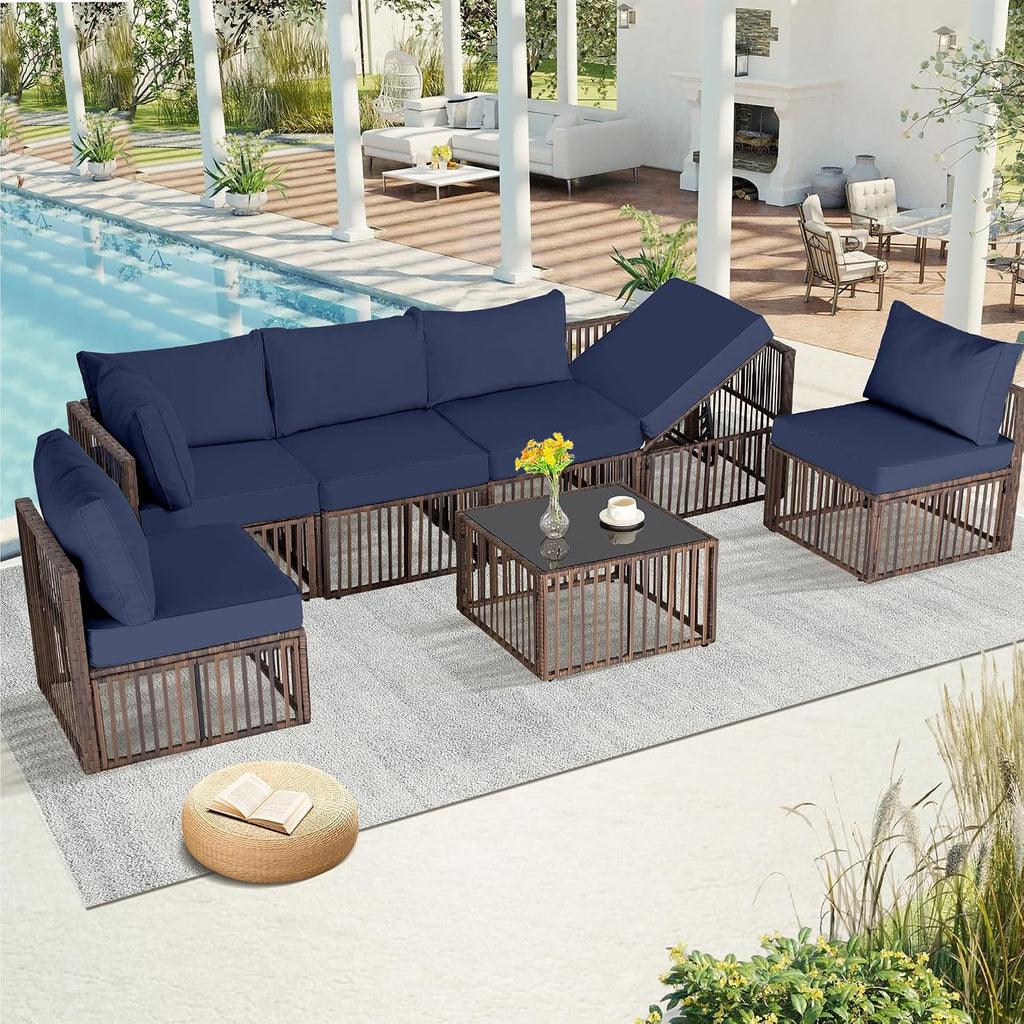 FHFO 7 Piece Patio Furniture Set, Outdoor Wicker Sectional Sofa Conversation Set Couch with Adjustable Backrest, Thick Cushion & Coffee Table for Garden, Porch, Poolside, Brown/Blue
