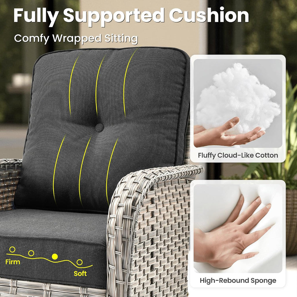 ovios 8-Piece Patio Furniture Set with L-Shape Sofa Chaise, Outdoor Sectional Couch Swivel Gliders Fire Pit Table, Modern Modular Wicker Rattan Conversation Set, Black