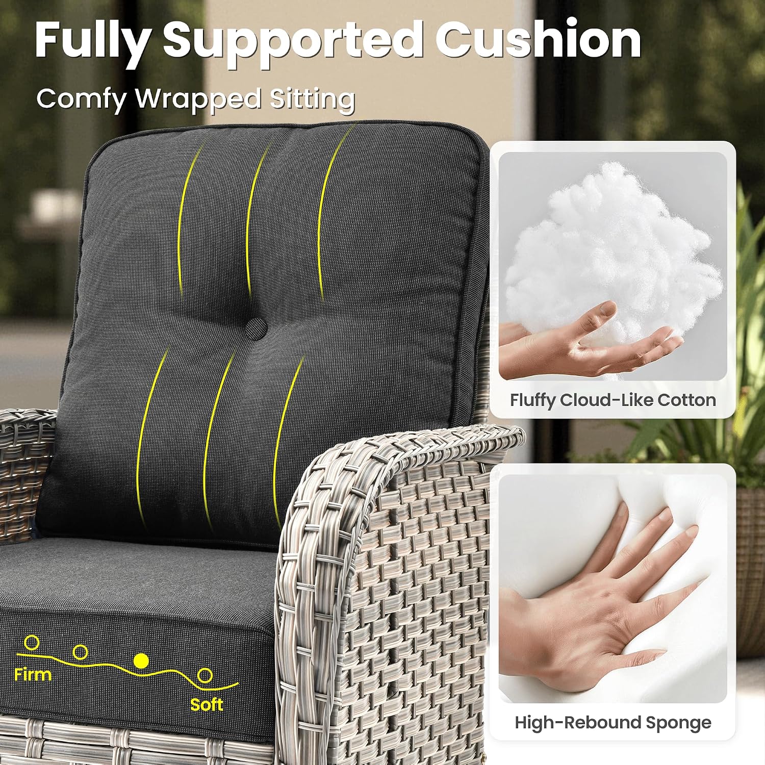 ovios 8-Piece Patio Furniture Set with L-Shape Sofa Chaise, Outdoor Sectional Couch Swivel Gliders Fire Pit Table, Modern Modular Wicker Rattan Conversation Set, Black