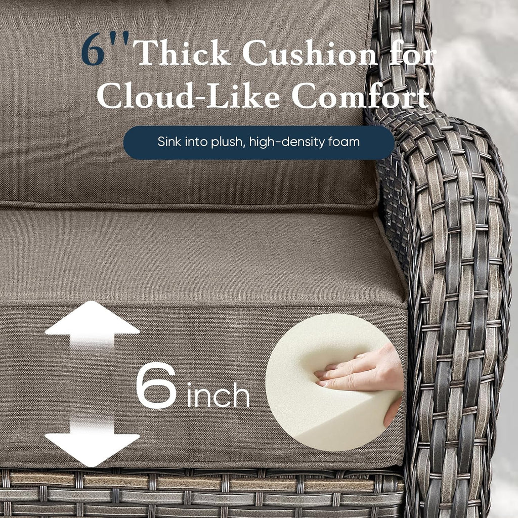 Belord Luxury 6' Thick Cushioned 6 Pieces Patio Furniture Set with Outdoor Couch, Wicker Outdoor Conversation Set with High Back Swivel Rocker Chairs for Deck Porch Yard and Poolside - Grey+Grey