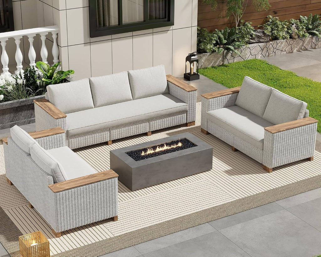 PaPaJet 7-Piece Wicker Patio Furniture Set with Solid Wood Armrest, Outdoor Patio Set with Thick Legs, UV-Resistant Modular Outdoor Sectional Sofa for Backyard, Porch, Garden