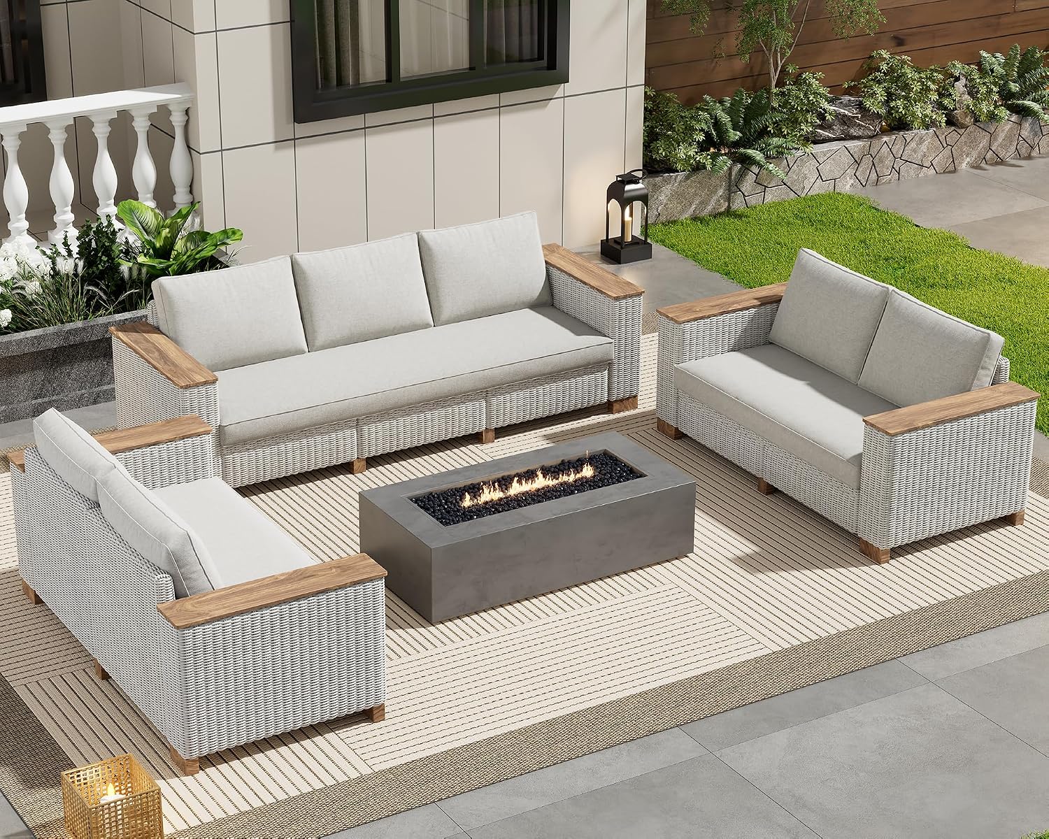 PaPaJet 7-Piece Wicker Patio Furniture Set with Solid Wood Armrest, Outdoor Patio Set with Thick Legs, UV-Resistant Modular Outdoor Sectional Sofa for Backyard, Porch, Garden