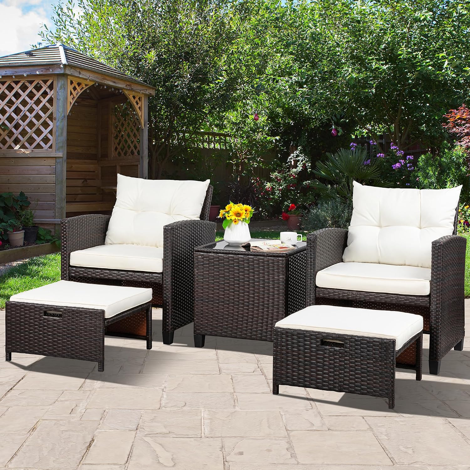 Vongrasig Patio Chair with Ottoman, 5 Pieces Patio Furniture Set Small Balcony Furniture, Rattan Patio Chairs Set of 2 with Glass Table for Front Porch Garden (Beige)